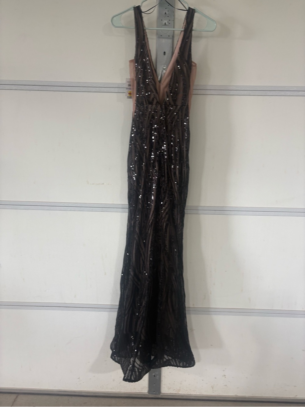 Morgan & Co. Black Sequin Deep V Maxi Gown